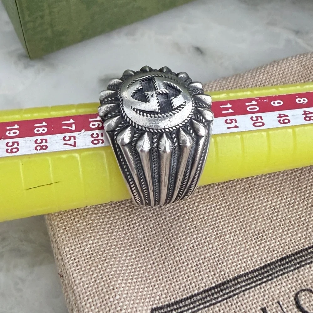 GUCCI AG925‎ Interlocking G GG Logo Ster Silver Signet Ring Size IT 13/ US 6.75